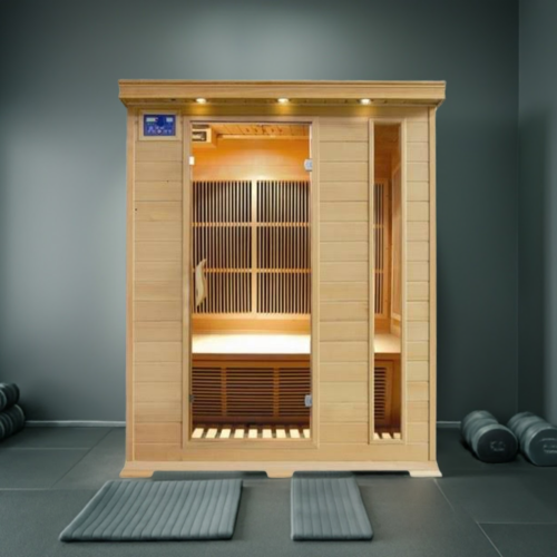 Aspen 3-Person Indoor Infrared Sauna, offering a comfortable and modern design with advanced infrared heating, ideal for relaxation and wellness at home