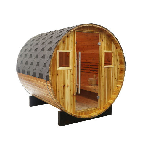 Aurora 2–4 Person Traditional Barrel Sauna, featuring a classic barrel design with premium wood construction, designed for a relaxing and rejuvenating sauna experience-1