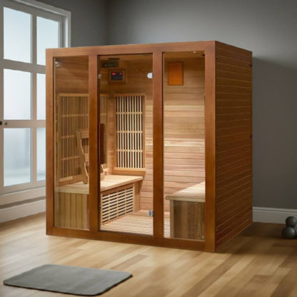 4-Person Indoor Infrared Cedar Sauna, crafted with natural cedar wood and equipped with advanced infrared technology, offering a spacious and therapeutic sauna experience