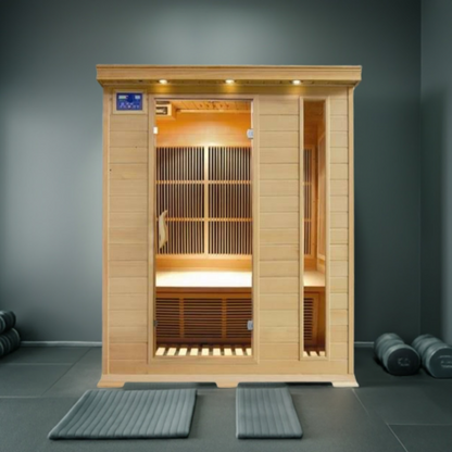 Aspen 3-Person Indoor Infrared Sauna, offering a comfortable and modern design with advanced infrared heating, ideal for relaxation and wellness at home