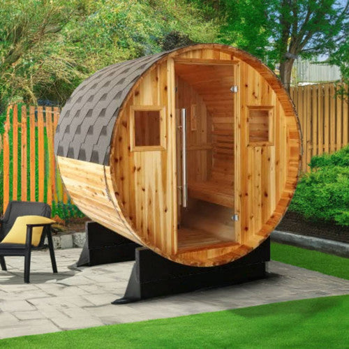 Aurora 2–4 Person Traditional Barrel Sauna, featuring a classic barrel design with premium wood construction, designed for a relaxing and rejuvenating sauna experience.